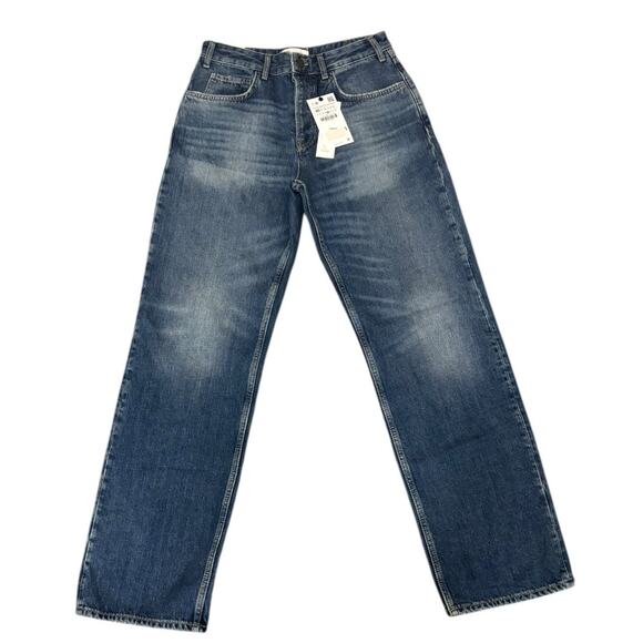Zara The High Waist Slim Fit Straight Leg Button Fly Jeans Medium Blue SZ 8 NEW - Picture 12 of 12
